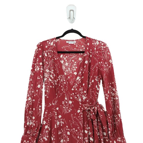 REFORMATION Women L Susanna Dress Bryce Red Floral Wrap Midi V Neck NEW - Picture 3 of 7